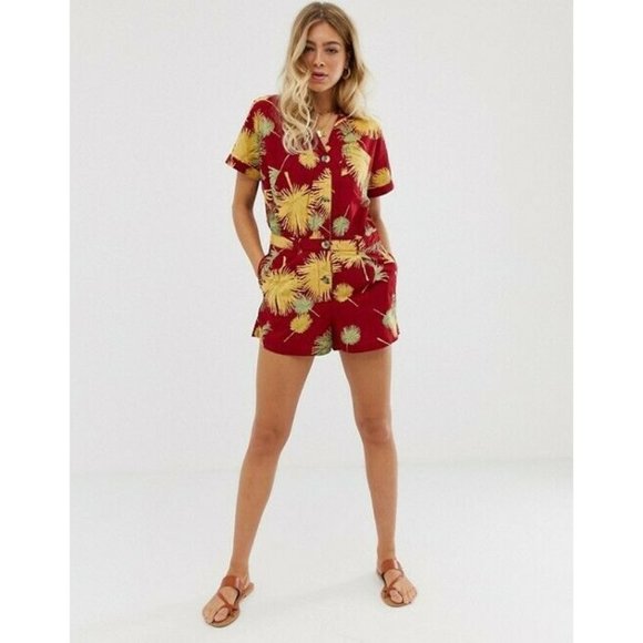 Free People Pants - Free People Sz. M Maroon Combo Malibu Button Up Tropical Romper W/ Pockets NWT